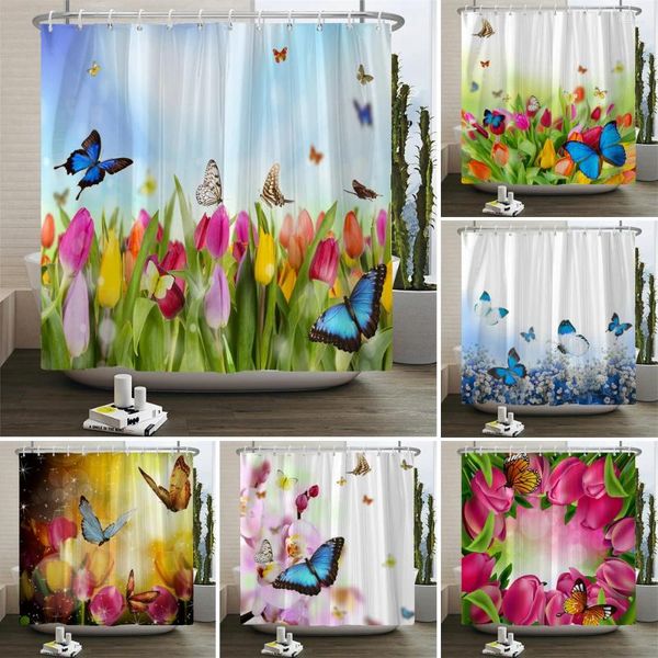 Duschvorhänge farbenfrohe Blumen Tulpen Schmetterling Vorhang natürlicher Blumendruck Badezimmer wasserdichte Polyester -Stoffbildschirm mit Haken