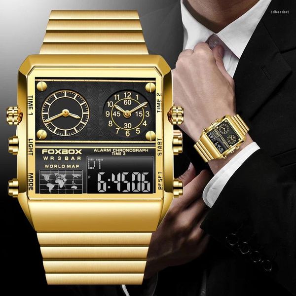 Нарученные часы Lige Fashion Business Quartz Man Watches Square Natele Steel Watch для мужчин Водонепроницаемый двойной цифровой дисплей