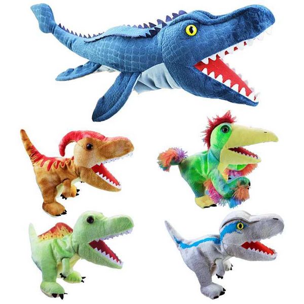 Dolls de pelúcia Novo 11 estilo dinossauro Hand Puppet Pluxus Toy Gindergarten Performance Luvas de controle manual Triceratops Tyrannosaurus rex Twin Dragons J240410