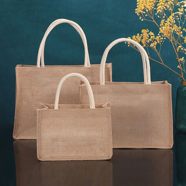 Summer Beach Surlleinen Taschen Taschen Blank Jute Beach Shopper Geldbörse Handtasche Vintage wiederverwendbare Geschenktüten zum Geburtstag des Lebensmittelhandwerks Geburtstag