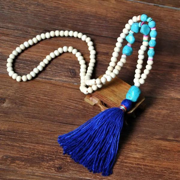 Collana bohémien Etnic fatta a mano estate in legno di perline Boho Tassel Colorful Long Perle Collana a ciondolo per donne Vintage