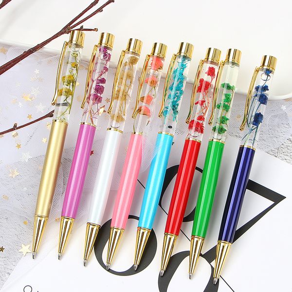 Creative Ballpoint Pen Metal Ball Pens Офисные поставки розовые золотые ручки розового золота динамическая жидкая цветочная ручка