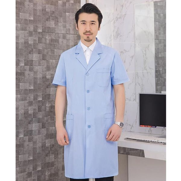 Summer homens brancos casaco de laboratório azul branco bolsos de manga curta uniforme trabalho farmácia masculino use estudante médico enfermeiro roupas com bolsos