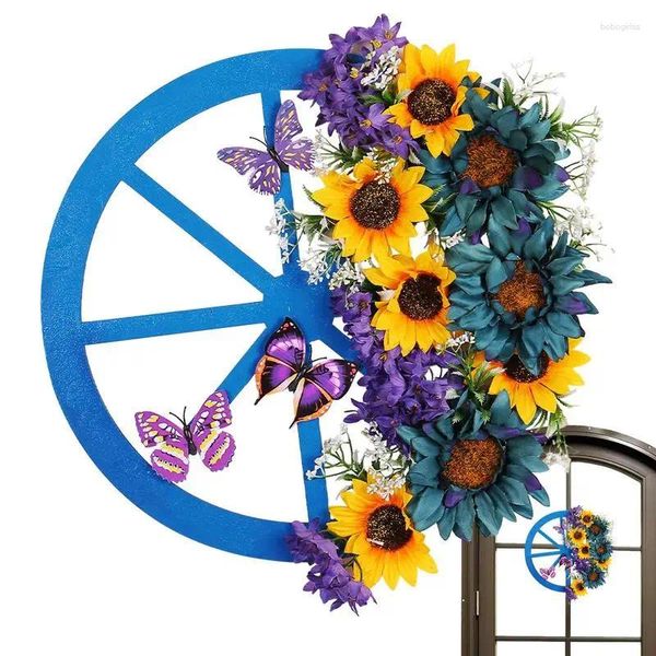 Fiori decorativi ghirlanda blu fiore all'aperto ruota a vegetazione artificiale ghirlanda di primavera 15,7 in porta con girasoli