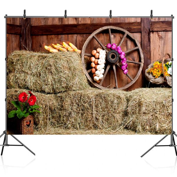 Farm Haystack Photography Backdrop Autumn Autunno Old Wooden Warehouse Rural Wood Wheel Children Portrait Foto Sfondo Foto Sfondo