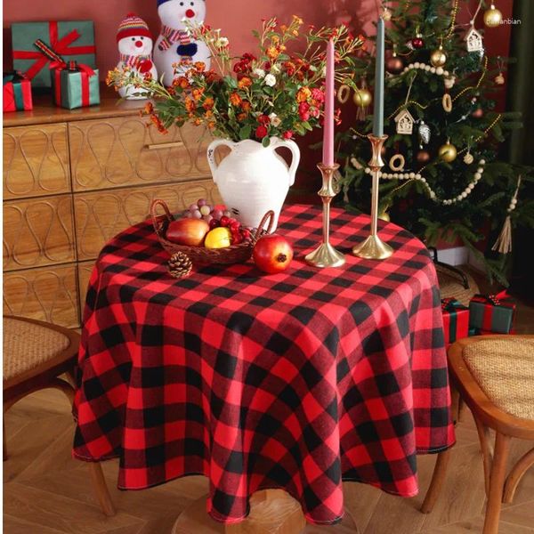 Tischtuch Weihnachten Weihnachten Party Dekoration Nordic Red Black Green Plaid runde Tischdecke Jahr 2024 Kaffeeabdeckung