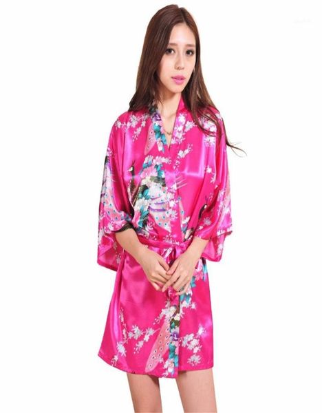 Großhandel- Heiße chinesische weibliche Seidenrayon-Robe-Kleid sexy Mini Kimono Yukata gedruckt Nachthemd Flowerpeacock