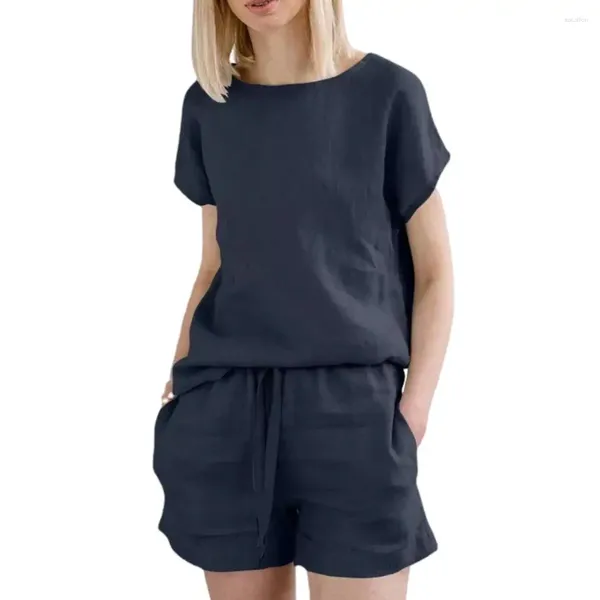 Kadınların Trailtsuits Gevşek Fit Kadın Takımları Yuvarlak Boyun T-Shirt Şortları ile Set Yumuşak Nefes Alabaş Kumaş Elastik Bel Bandı Düz ​​Renk