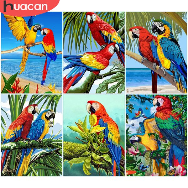 Huacan Diamond Pintura Animal Praça cheia redonda 5D Diamante Bordado Parrot Rhinestones Mosaic Seaside Cross Stitch Decoração