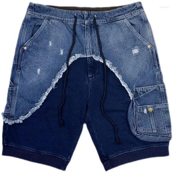 Shorts maschile patchwork denim multipocchi di denim cargo pesante lavato jeans street hip hop maschio