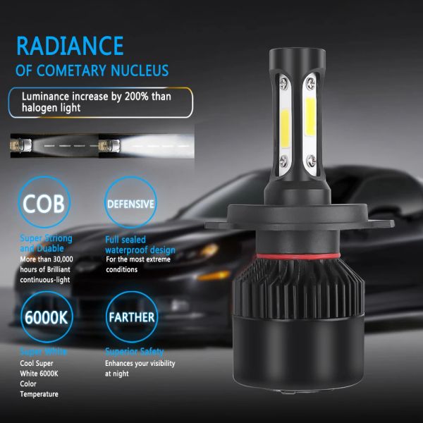 2pcs H4 LED-Auto-Scheinwerfer 3 COB-Chips Auto S2 Autoscheutzlampenlampen 72W 8000LM Autozubehör 6500K LED FOG Light 9-36V