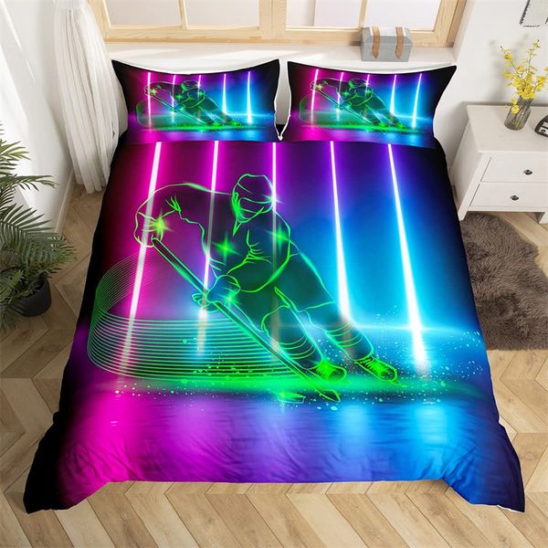 Kids Ice Hockey Duvet Cover Full Hockey Player Muster Bettwäsche Set Winter Sportthema Quilt Cover für Jugend Teen Boy Room Dekor