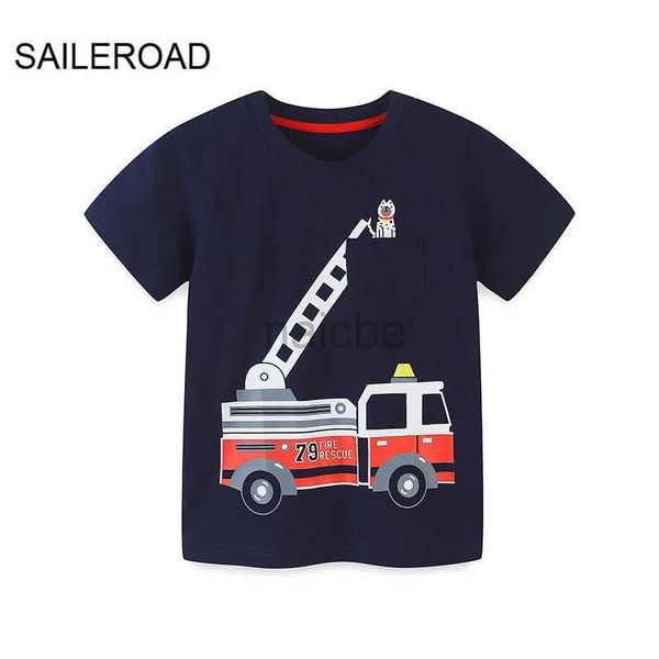 Camisetas veículos veículos de verão veículos camisetas de algodão curto cartoon caminhão de bombeiro camisetas infantis tee tops meninos crianças roupas 240410