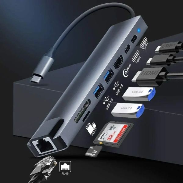 Hubs 8 in 1 USB C Hub Dock Station Adattatore Splitter Typec con PD Charge RJ45 Ethernet 4K HDMI TF/SD Card per MacBook Air/Pro Laptop