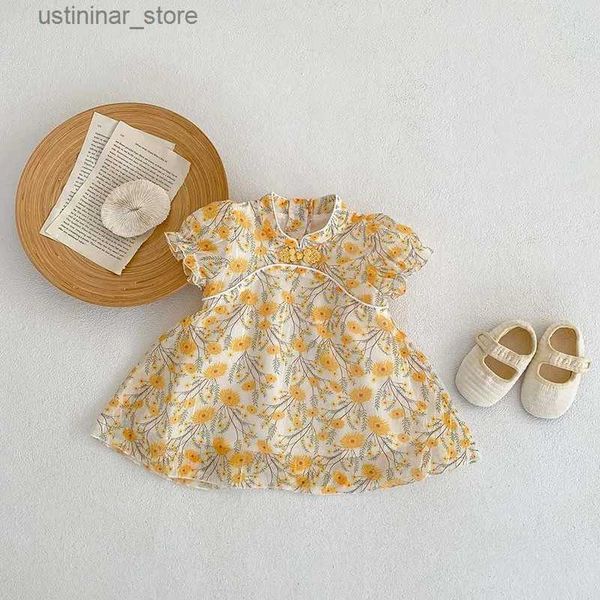 Mädchenkleider 2023 Sommer Babykleid 0-3 Jahre Neugeborene Kinder Kurzarm Blume Qipao A-Line Tüll Einfügel Sunddress Kleidung L47