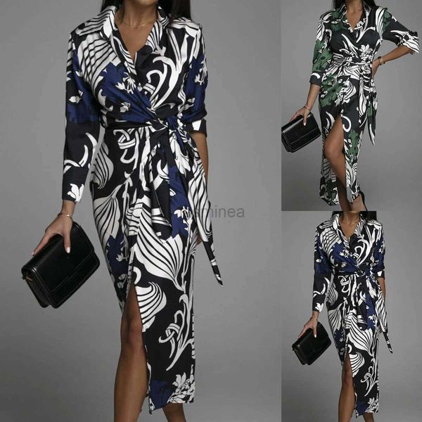 Городские сексуальные платья Элегантные сплит-вилки шнурки для женской рубашки платья мода с длинным рукавом Слим винтажные миди