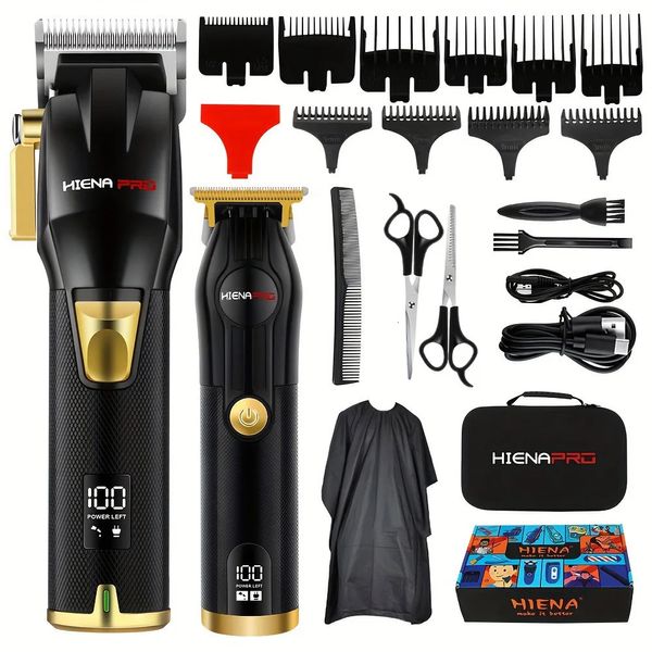 Set di tagli per capelli professionale per uomini Trimer ricaricabile con display digitale LCD Black elettrico e oro 240408