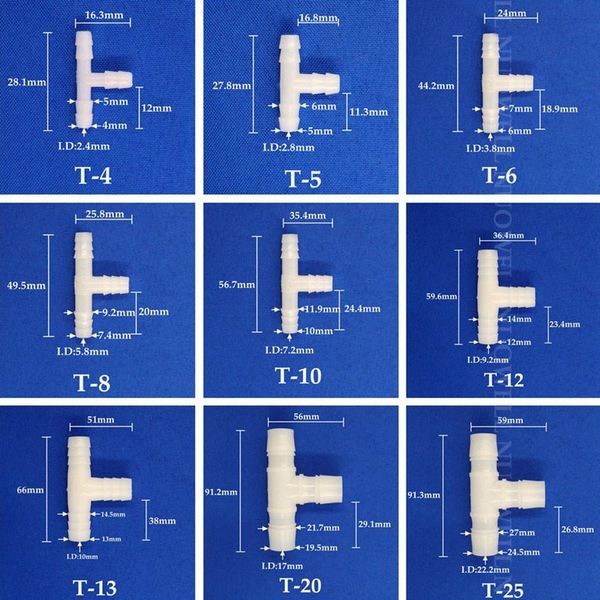 5 ~ 200 pezzi da 4-25 mm PE Connettori a tubo di plastica T-tee Connettori per tubo di acqua del serbatoio per acquario per tubi per tubo di ossigeno Connettore tubo di ossigeno