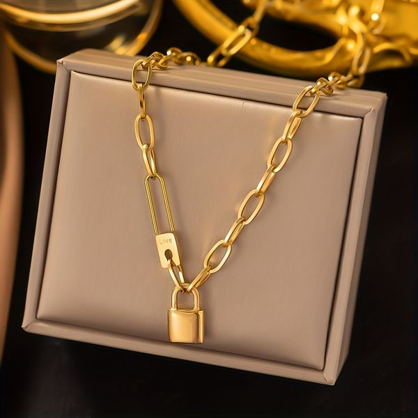 Gold Titanium Steel Love Lock Anhänger Chunky Vintage Halskette für Frauen Party Mode Accessoire Verstellbare Länge