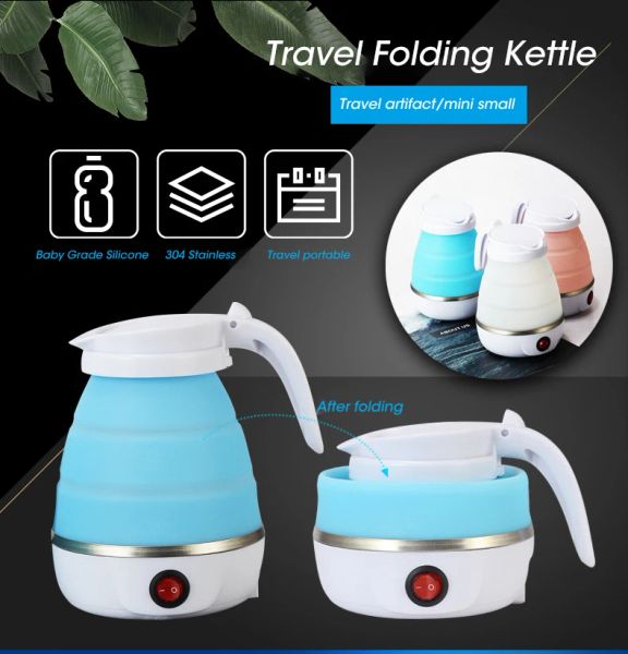 Kettles 600ml portátil Aquecedor de água dobrável portátil 600W 110/220V Kettle elétrica para viagens e chaleira de chá de chá em casa Silica Gel