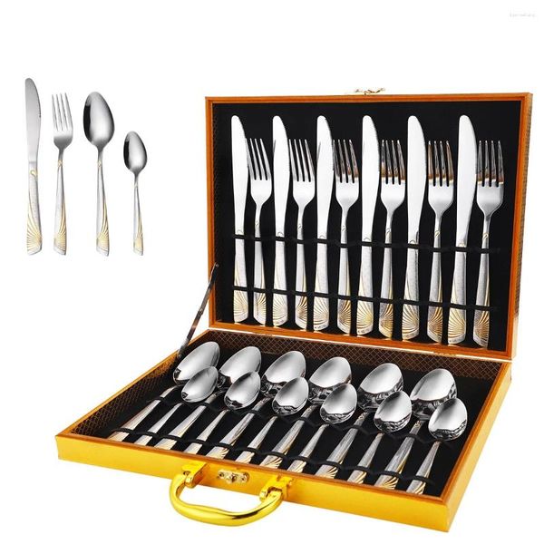 Geschirrsets Gravur Besteck mit Holzgeschenkbox 24 PCs Edelstahl -Set für Weihnachtsgeschenke