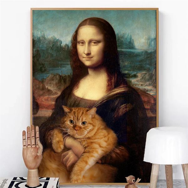 Lustiges Design berühmter Kunstplakat Mona Lisa und Katzendrucke Leinwand Gemälde Vintage Ölmalerei Wandkunst Badezimmer Home Dekoration