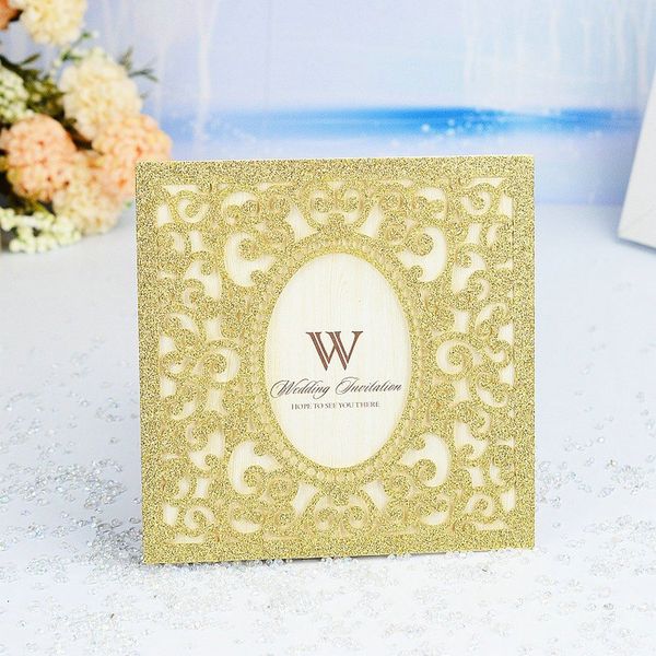 50pcs Glitzer Gold Silber Laser Schnitt Hochzeit Einladungen Karten Square Spitze Elegante Grußkarte Anpassen Hochzeitsfeiern Vorräte
