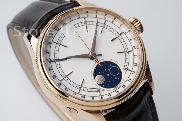 Стильные стильные автоматические механические самостоятельные часы Men Gold Dial Sapphire Glass 39 мм классический день луны фазы. Начатые наручные часы повседневные кожаные часы R302
