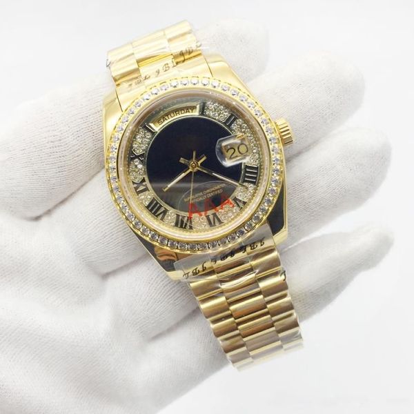 Mens Sports Watch Series 36mm Gold Big Diamonds Numerals Numerals Dia Movimento automatico in vetro Sapphire Watch298f