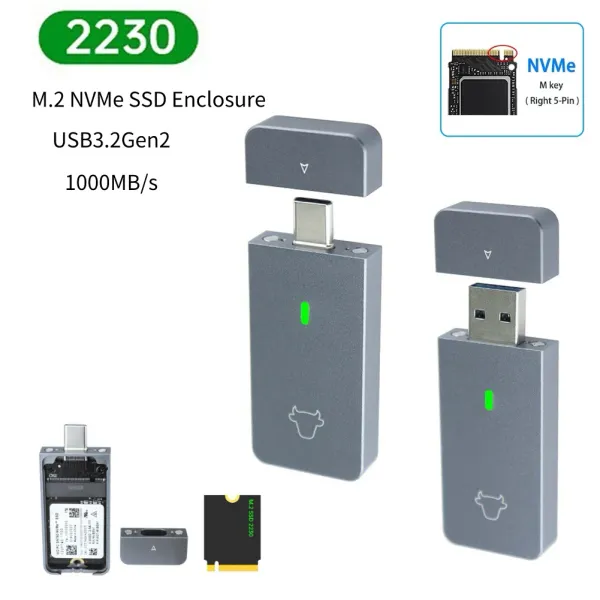Gehege M.2 NVME 2230 SSD -Gehäuse SSD -Falladapter M.2 M Key externe Festplattenbox USB3.2 GEN2 USB Typec MB -Schlüssel für M2 2230 JMS583