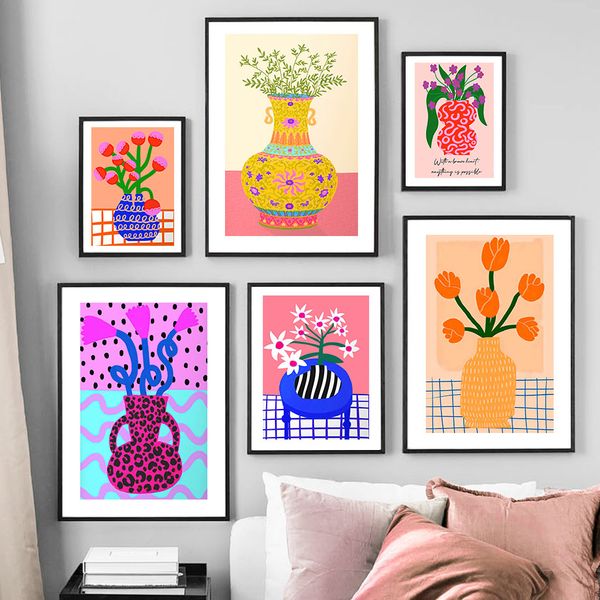 Abstrakte farbenfrohe Vase Blume Aquarell Wandkunst Leinwand Malerei Nordische Plakate und Drucke Wandbilder für Wohnzimmerdekoration