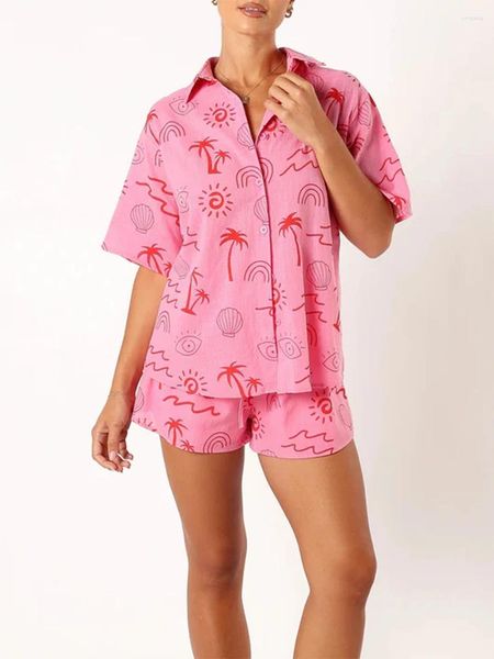 Mulheres 2 peças roupas de férias Bohemian Button Down Camisa e shorts definidos com padrões de praia de praia