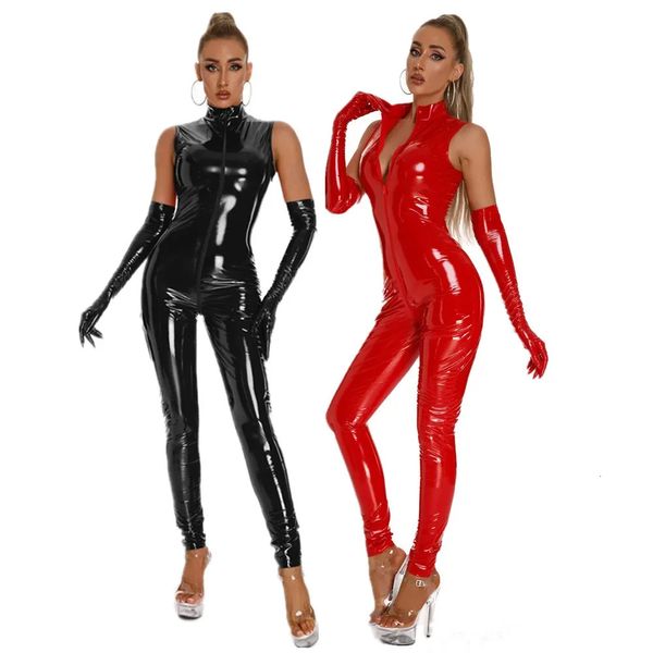 Artı Boyut S5XL Wetlook Zip Açık Kasık PVC Lateks Tulum Kadınlar için PU PU Faux Deri Bodysuits Clubwear DS Catsuit 240410