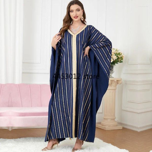 Manga de morcego étnico Manga de morcego solto abaya dubai vestido muçulmano vestido estampado listrado fita árabe jalabiya para mulheres vestidos turcos