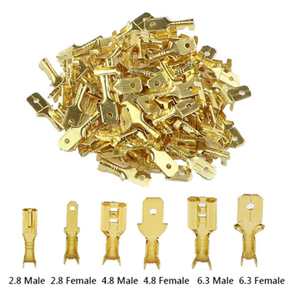 100pcs/lote 2.8/4.8/6,3mm Moman e macho Crimp Conector Terminal Brass Gold/Care Silver Palestrante conectores de fio elétrico 50 s