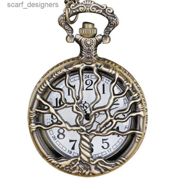 Relógios de bolso steampunk hollow design árvore de vitalícia bolso de quartzo com cadeia de fob feminino colar de colar de pingente Men Gift Cf1088 Y240410