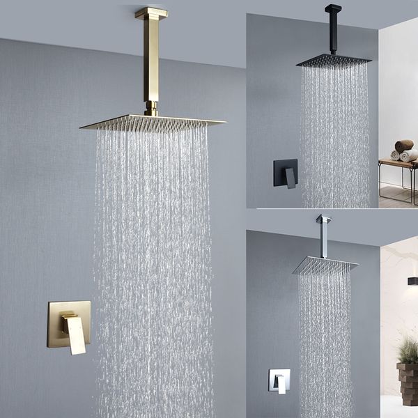 Gebürstete goldene matte schwarze polnische bad dusche duschhahnniederschlag quadratische Duschkopfdecke Deckenmontage Wasserfall Duschmischer Set Set