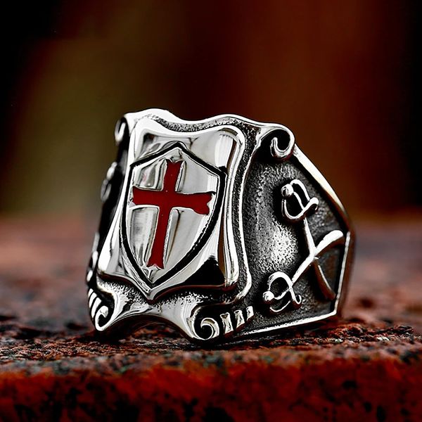 Cavaleiros vintage de alta qualidade Templar Cross Shield Anéis de moda 14k Gold Crusader Ring Jewelry de personalidade