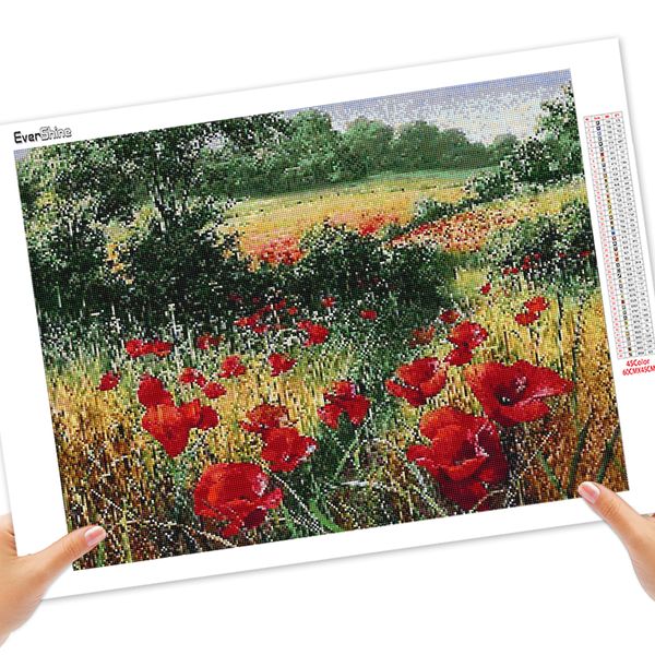 Evershine Diamond Stickerei Poppy Field 5d Full Square Mosaic Gemälde Landschaft Kreuzstich Kits Blumennadelwand Wandkunst