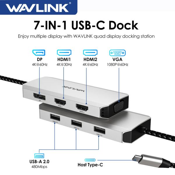 Stazioni Wavlink USB C DOCKKING STAZIONE 4 MONITORI 7IN1 Adattatore multiport con doppio 4K 4K 4K DP VGA per Dell/HP/Lenovo/ThinkPad