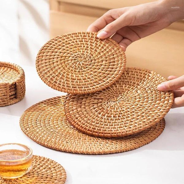 Masa Paspasları 8/10/13cm Yuvarlak Doğal Rattan Kupası Mat El Dokuma Placemats Coasters Yemek Pad Mutfak Masa Decloth Diy Dekor