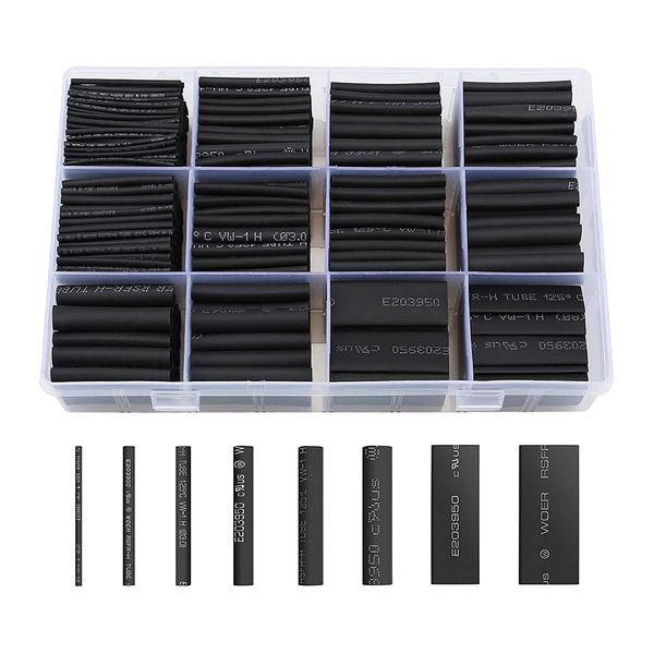 650pcs Black Box Wärme Schrumpfbares Rohr 2: 1 Elektronisches DIY -Kit Isoliertes Polyolefin -verkleinerter Hitze Schrumpfbares Rohrröhrchen