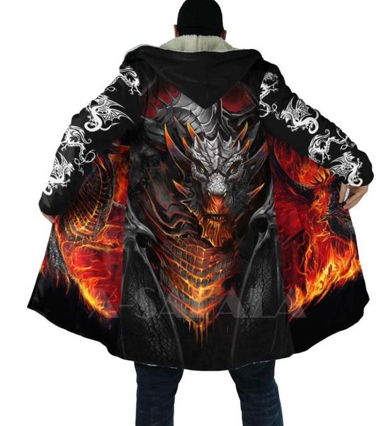 MEN039S WOLL MINDE LAVA Dragon Schädel Tattoo Druck dicker warmer Kapuze -Umhang für Männer übermantelmantel winddes Fleece Cape Cape Robe 2999337