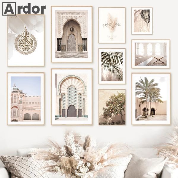 Moschea musulmana islamica Moschea Palm Tree Art Tela dipinto Quran Cita Scenery Picture Nordic Poster e Stampe Decorazioni soggiorno