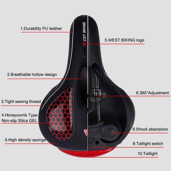 Design de uma peça de bicicleta ocidental com luminária traseira sela espessada de sela espessa de silicone