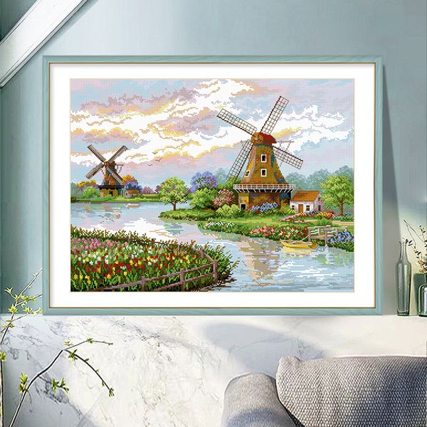 Europäische Landschaft Niederländische Windmühle, DIY-handgefertigte Kreuzstich-Kits, gedruckter Stoff, 11ct Aida Fabric Stamp Cross-Stich