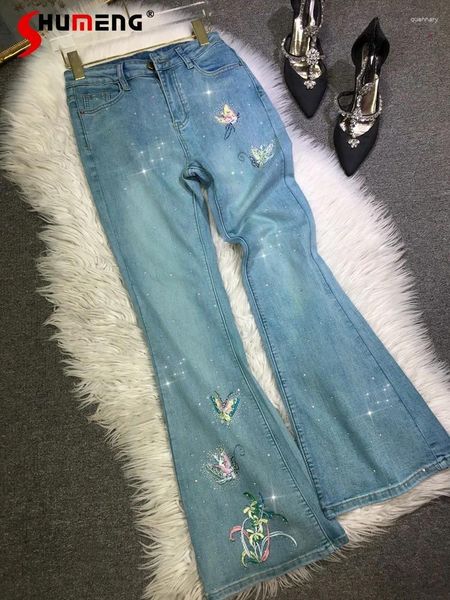 Jeans feminino shinestone artesanal bordado na borboleta alta cintura calça jeans 2024 primavera no verão