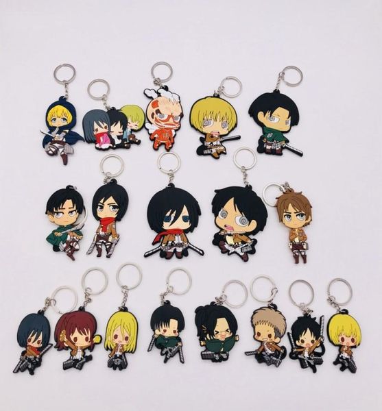 20pcs Anime -Figur Angriff auf Titan Keychain PVC Doppelseite Cartoon Keychains Key Ring Kids Spielzeughalter Halter