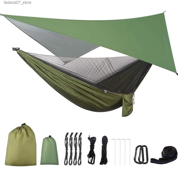 Hammocks Camping gancio portatile singolo gancio da paracadute a doppio nylon con panno per olio impermeabile e strapq da tenda a zanzara