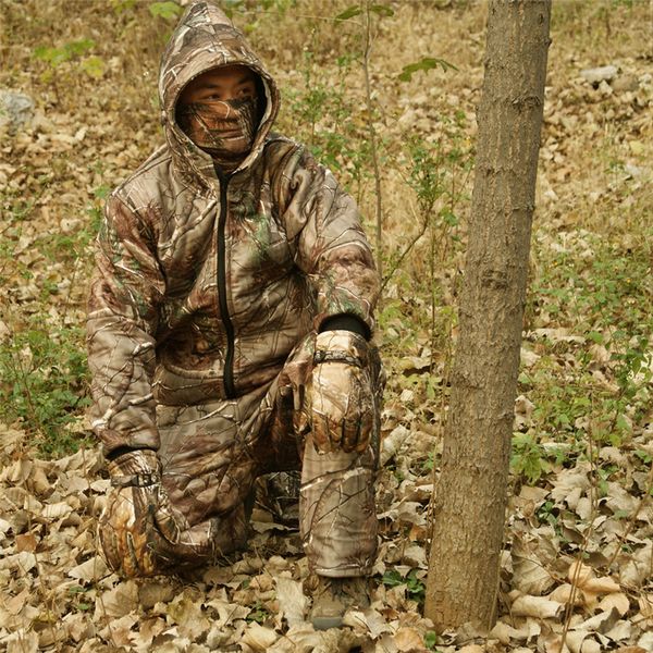 Winter im Freien warme Fleece -Kleidung echtes Baum Bionic Camouflage Kapuzejagd Ghillie Anzug Jacke Hose und Huthandschuhe